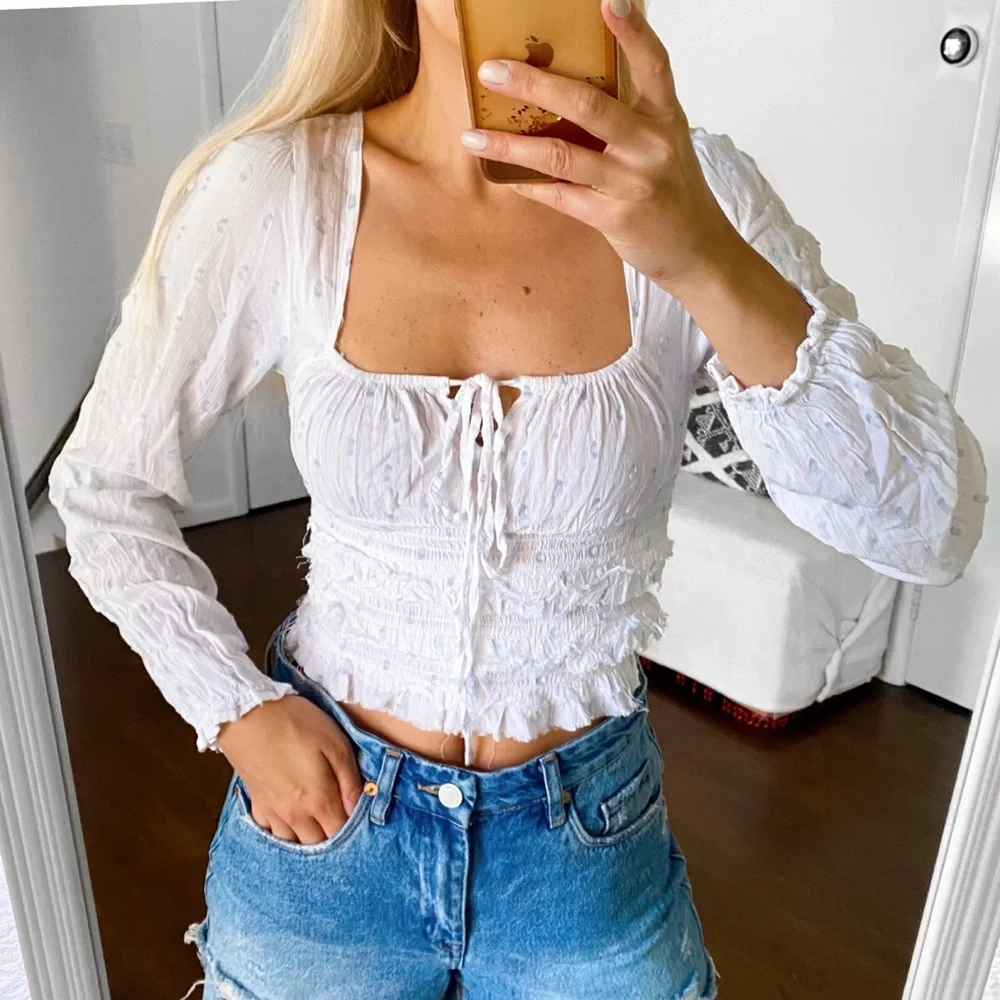 🐚 REBELLION BOHO WHITE BLUE DOTTED STRING LONG SLEEVE LAYERED RAW HEM CROP TOP!